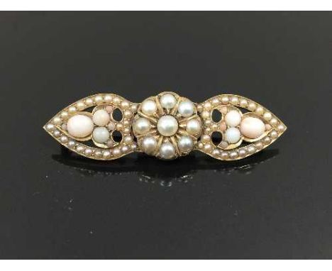 A late Victorian pearl and opal bar brooch, width 4.7 cm, 7.2g. CONDITION REPORT: Good condition, apparently unmarked, probab