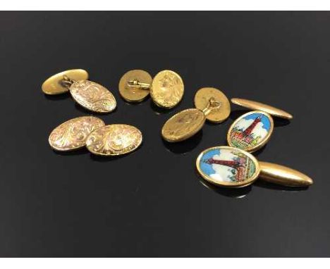 Three pairs of vintage cufflinks depicting Queen Victoria, Blackpool tower and one other pair. (6) CONDITION REPORT: Fair tim