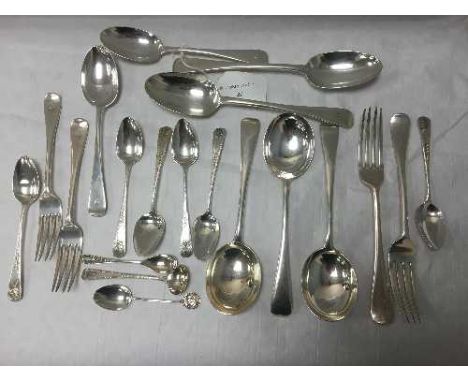 A set of six silver teaspoons, London 1803, together with  fourteen further items of cutlery and a silver napkin ring, 842.4g