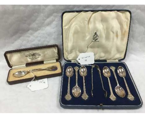 Six silver teaspoons together with the matching sugar tongs, Sheffield 1940, retailed by Reid & Sons, together with a silver 