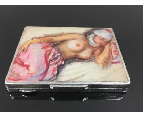 A silver card case, with nude decoration, Birmingham 1936, 6 cm x 8 cm, 116.9g. CONDITION REPORT: The nude decoration printed