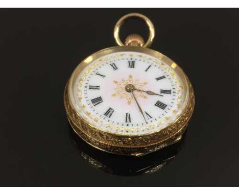 An 18ct gold fob watch with enamel dial, 25.4g, diameter 3 cm. CONDITION REPORT: Excellent conditions.