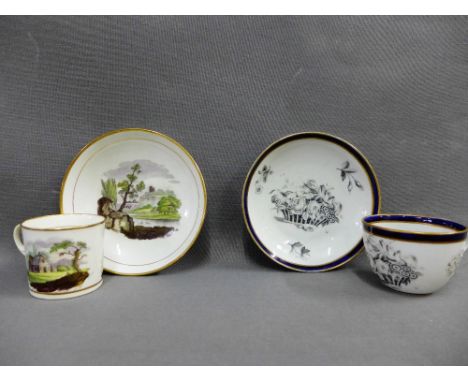 Newhall coffee can and saucer, printed and tinted with landscapes and a Newhall cup and saucer with bat print and blue border