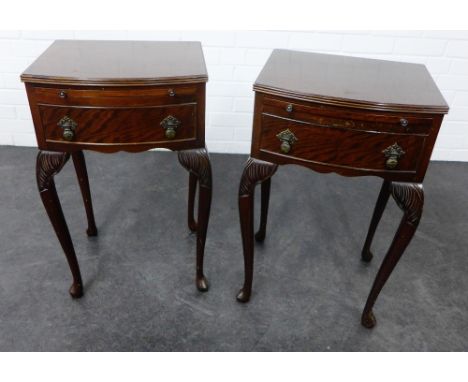 Pair of veneered bow fronted bedsides, with pull out slide over single drawer, on cabriole legs, 70 x 42cm (2) 