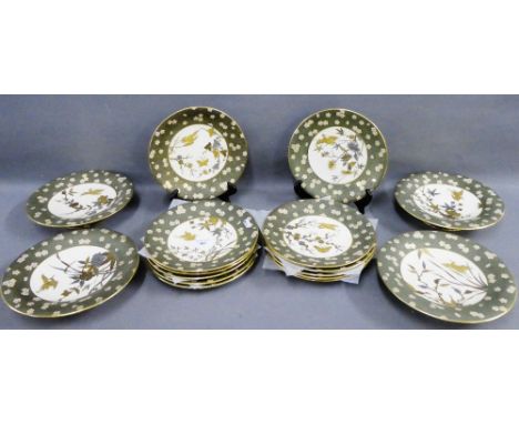 Royal Worcester dessert service with bird, flower and foliage pattern, within prunus borders, comprising twelve plates four c