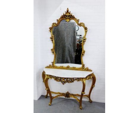 Gilt wood console table with marble top and overmantle mirror, 230 x 140cm 