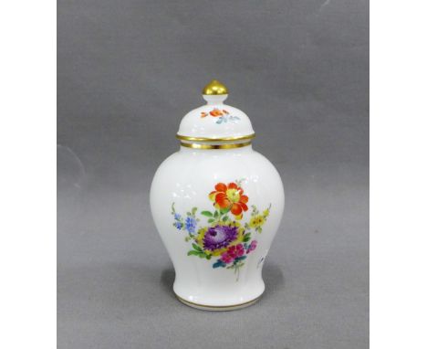 Modern Meissen white glazed tea caddy and cover painted with flowers and with gilt edged rim and knop, has blue cross sword m