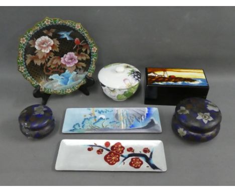 Mixed lot to include enamel dishes, Cloisonne style plate, a Portmeirion jar and cover, lighthouse box and other trinket jars