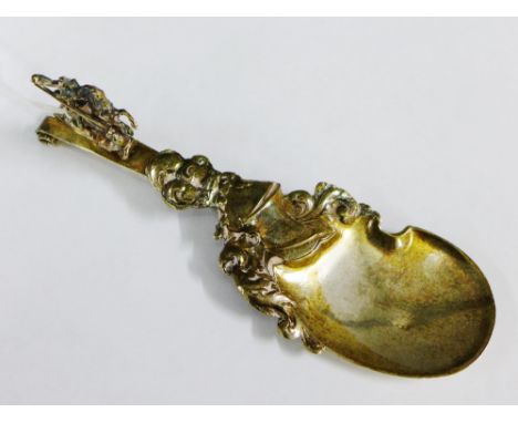 Late 19th century silver caddy spoon by Berthold Muller, with George &amp; The Dragon terminal, Chester import hallmarks, cir