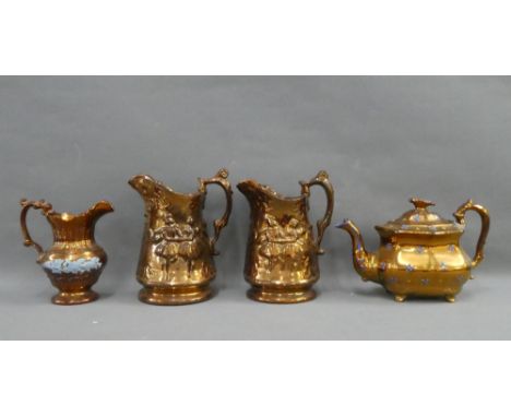 Three copper lustre jugs and a teapot, (4) 