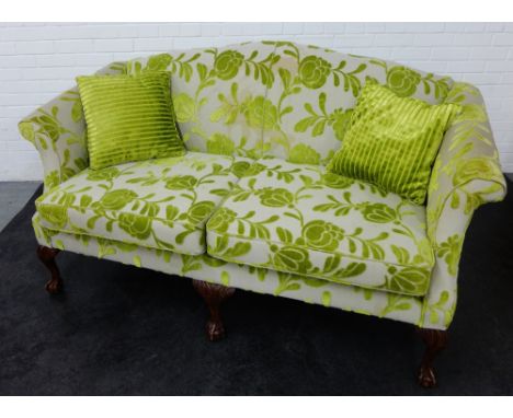 Contemporary two seater sofa with green floral pattern and scatter cushions , 96 x 172cm 