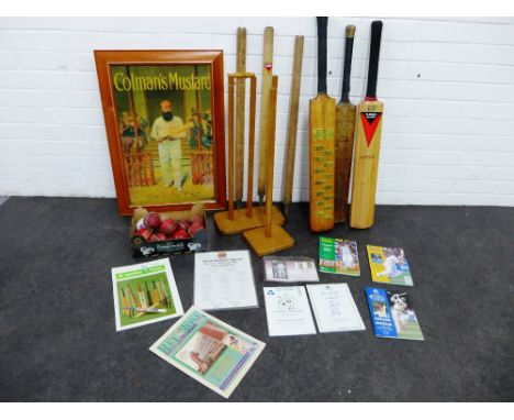 Mixed lot of cricket items to include bats and balls, a Colman's Mustard reproduction print and some match programmes to incl