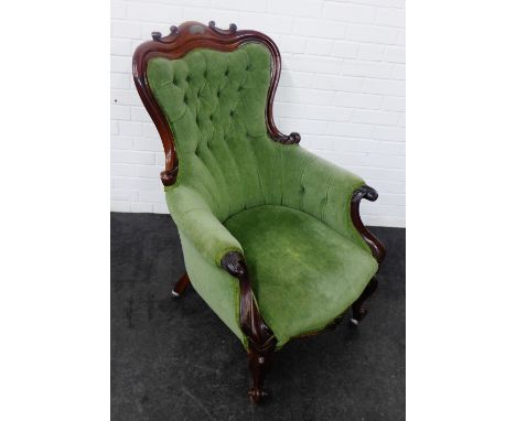 Mahogany framed armchair with green button back upholstery, 104 x 68cm 
