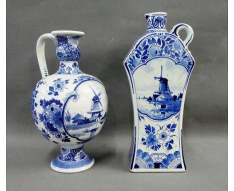 Delft blue and white ewer and flask, tallest 24cm,  (2) 