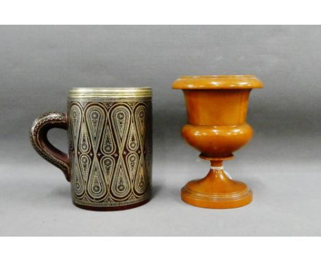 A Russian white metal inlaid wooden tankard, together with a fruitwood campana style small vase or goblet and a carved pine M