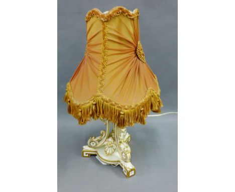 White glazed and gilded ceramic table lamp base and shade 