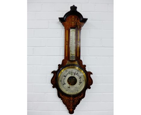 Mahogany and inlaid Aneroid banjo barometer by J.B. Watson, 88 x 36cm 