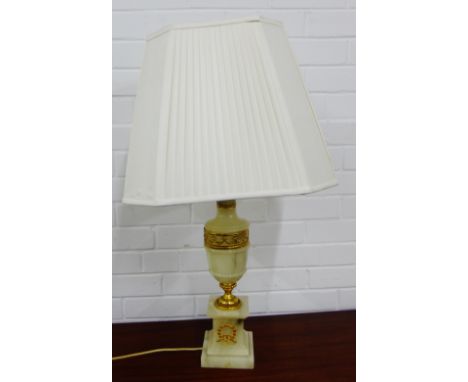 Gilt metal mounted white hardstone table lamp base and shade, 45cm 