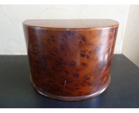 An unusual burr maple demi-lune tea caddy, with box wood stringing, the demi lune shape with central pivot opening to reveal 