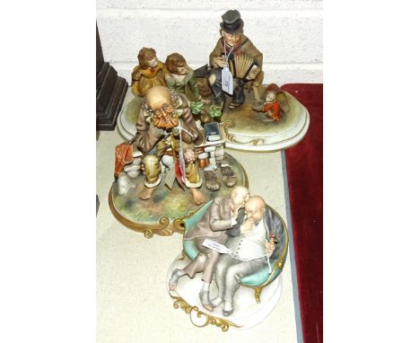 A Capodimonte sculpture of a seated tramp playing an accordion, with a monkey holding a hat and a young boy and girl listenin
