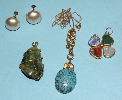 A pair of simulated pearl earrings on 9ct gold screw mounts, a simulated turquoise pendant on gilt mount and 9ct gold curb-li
