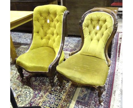 A Victorian mahogany low salon chair with buttoned back and serpentine seat, on carved and turned legs and a Victorian spoon-