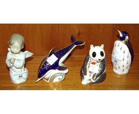 Three Royal Crown Derby paperweights: Dolphin, Penguin and Panda, all gold stoppers, (no boxes) and a Lladro figure of a knee