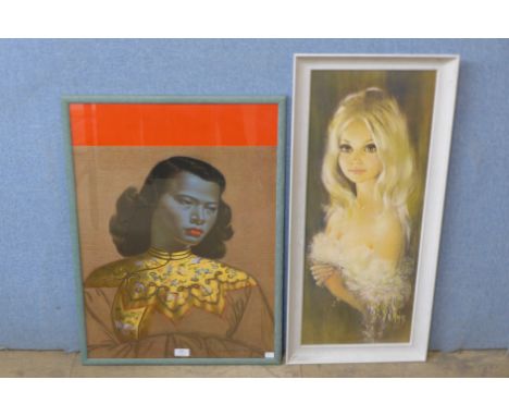 A Vladimir Tretchikoff print, The Green Lady and a 1960's female portrait print