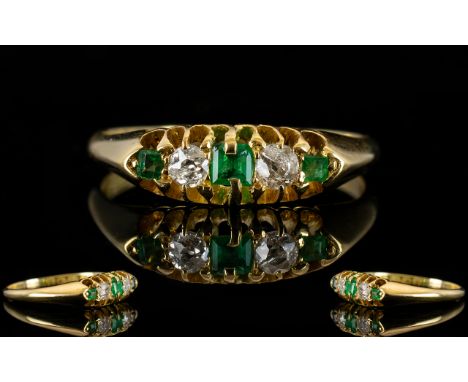 18ct Gold - Attractive Emerald and Diamond Dress Ring - Gallery Setting. Both Emeralds and Diamond of Excellent Colour / Clar