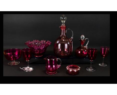Victorian Period Collection of Cranberry Glass Pieces, Various Shapes and Sizes ( 9 ) Items In Total. Comprises Decanters ( 2