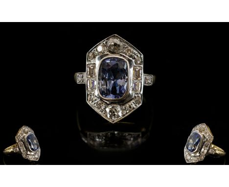 Art Deco Period Stunning 18ct Gold Diamond and Sapphire Set Dress Ring of Excellent Form, Features a Wonderful Pale Blue Face