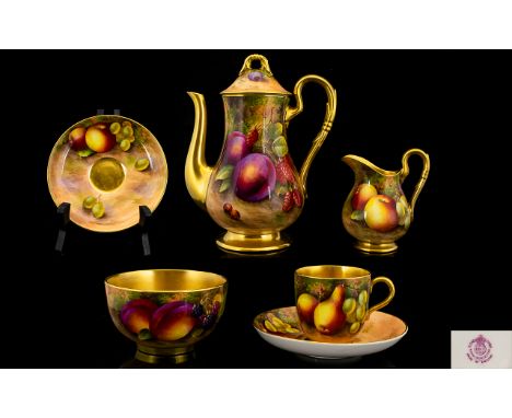 Royal Worcester Stunning Quality Hand Painted Fruits Bachelors 5 Piece Coffee Set. Comprises Coffee Pot, Cup and Saucer, Milk