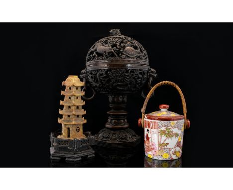 A Small Collection Of Oriental Items To include modern resin incense holder, carved soapstone pagoda and miniature ceramic ba