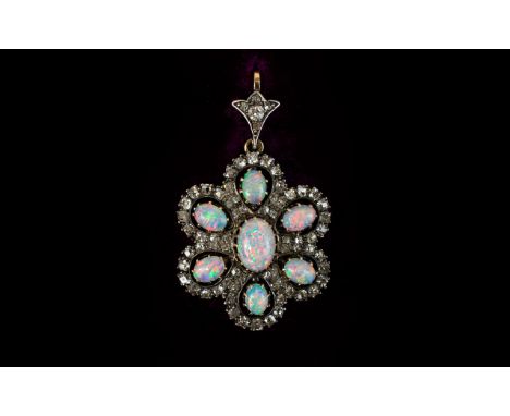 Late Victorian Period Superb Quality and Exquisite Diamond and Opal Set Pendant, Set In Platinum and High Ct Gold. c.1880. Th