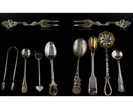 Irish Silver Pair of Very Ornate Pickle Forks. Hallmark Dublin 1944, Maker Alwright &amp; Marshall + A Collection of 19th Cen