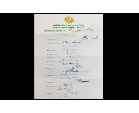 Cricket Interest 1953 Australian XI Coronation Tour To England Signed Cricket Team Sheet  To include signatures from Hassett,