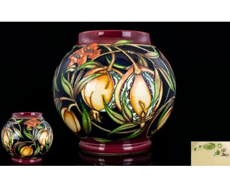 Moorcroft Tubelined Modern Bulbous / Globe Shaped Vase ' Plevriana ' Pattern. Designer Rachel Bishop. Date 2003, 1st Quality 