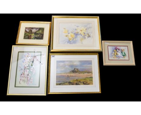 A Collection Of Mixed Watercolours And Prints Five items in total to include nursery print and four floral/landscape watercol