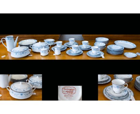 Noritake 'Blue Hill' Part Dinner Set in white with a border pattern, comprising 6 Dinner Plates, 2 Casserole Dishes with lids