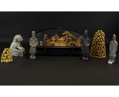 A Mixed Collection Of Oriental Items To include two carved soapstone figural monkey ornaments, a carved cork sculpture in typ