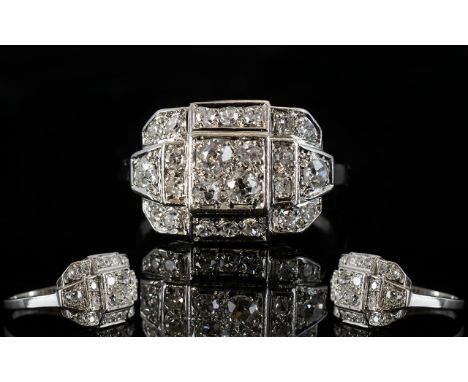 French Art Deco Diamond Cluster Ring, Pave Set With Round Brilliant Cut Diamonds, Continental Marks To Shank, Ring Size P