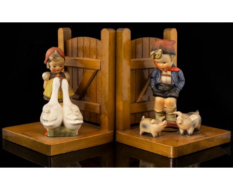 M.J. Hummel Pair of Figural Farm Boy and Goose Girl Bookends. Model Nos 60 A - 60 B. c.1957 - 1963. Each Bookend 6 Inches - 1