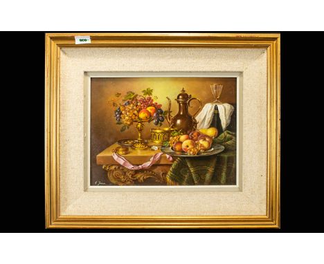 E. Josza Early/Mid 20th Century Oil On Panel Still Life Depicting console table with abundant fruit, tazza and wine ewer, art