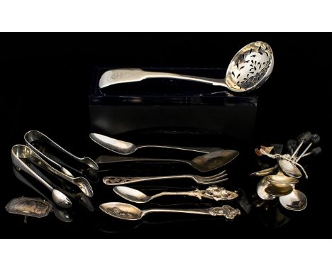 A Mixed Collection Of Silver Flatware To include 1824 sifter, set of six coffee bean spoons, Victorian mustard pot, two pairs