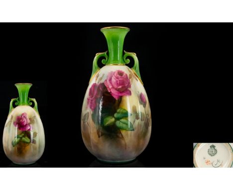 Royal Worcester Handpainted Twin Handle Vase 'Roses' Still Life.  Date 1907.  Signed to underside of vase.  Height 6.75'' - 1