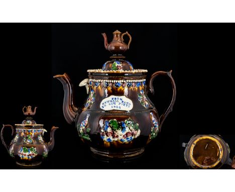 Measham Superb Large and Impressive Bargeware Treacle Glazed Teapot of Huge Proportions with Extensive / Applied Decoration t