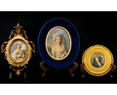 A 20th Century Portrait Miniature Circa 1940's Housed in blue velvet and gilt oval fame  depicting a Gainsborough style femal