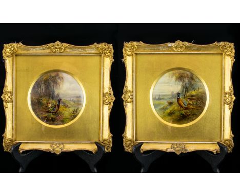Royal Worcester True Pair of Hand Painted Circular Paintings. c.1910 ' Pheasants and Peahens ' In a Woodland Setting with Tow