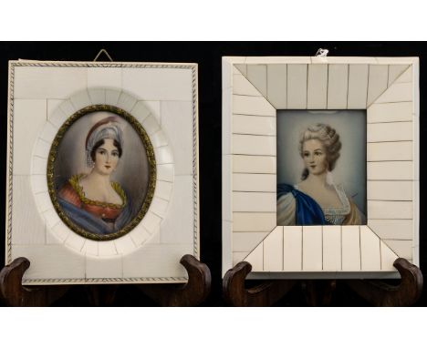 A Pair Of 20th Century Portrait Miniatures Circa 1940's Each depicting Gainsborough style portraits, each in piano key frames