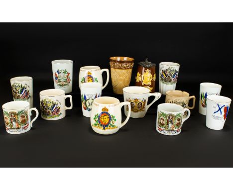 A Collection Of Royal Commemorative Ceramic Items To include various coronation and war memento beakers to include, peace 191